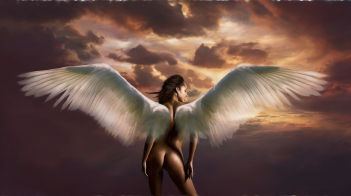 clouds, wings, girl, sky, angel, fantasy, photoshop, art