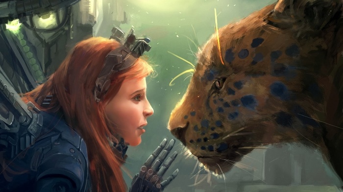 girl, artwork, redhead, leopard