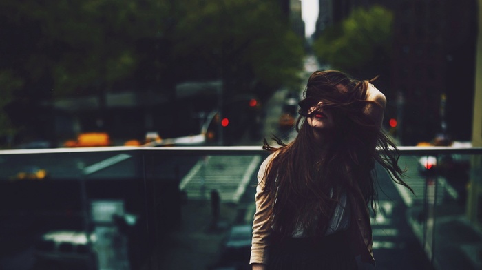 girl, city, brunette, long hair