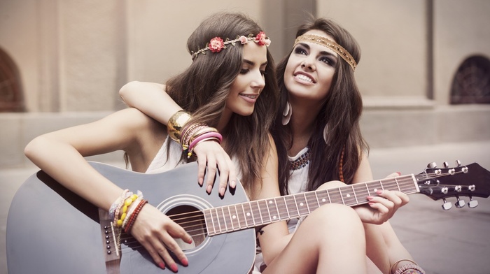 girl, brunette, guitar, singing, sitting