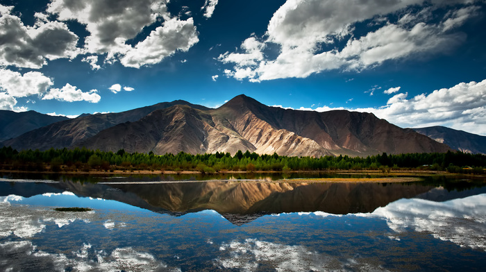 clouds, mountain, China, lake, reflection, sky, nature