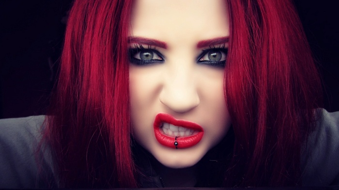 red lipstick, redhead, girl, lip ring, green eyes, niky von macabre, piercing, teeth