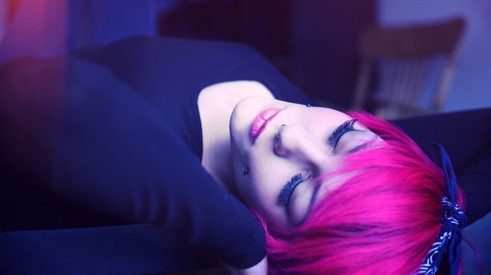 lying down, girl, black clothing, pink hair