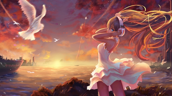 windy, doves, landscape, Hatsune Miku, anime, anime girls, twintails, sea, blonde, Vocaloid, painting, headphones, white dress