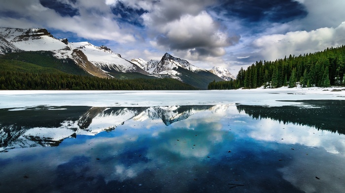 mountain, trees, reflection, lake, Canada, nature