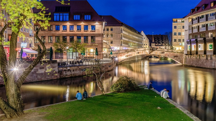 beauty, lights, cities, Germany, bridge, evening, river