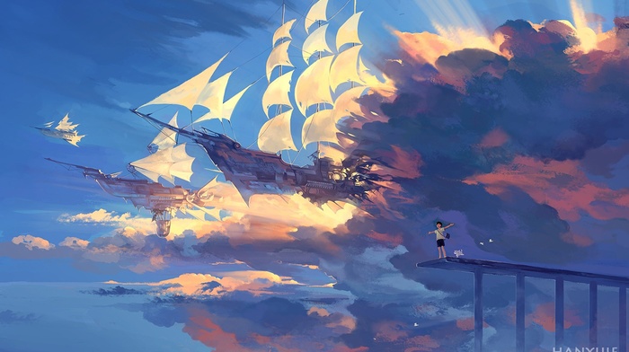 fantasy art, sunlight, clouds, ship, anime