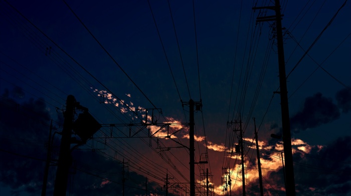 clouds, railway, night, anime