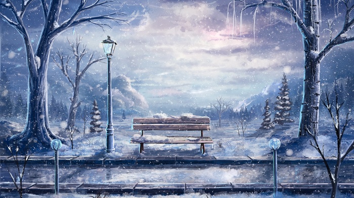 road, winter, street light, bench, artwork, Sylar, snow