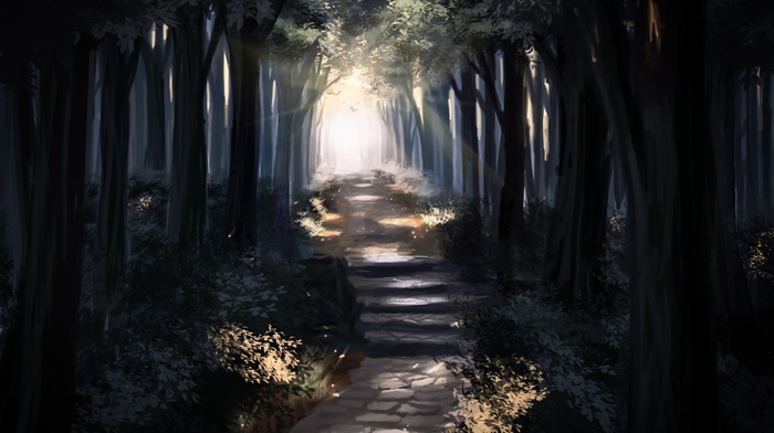 landscape, anime, trees, path, forest