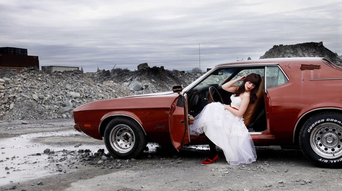 wedding dress, Ford Mustang, girl with cars