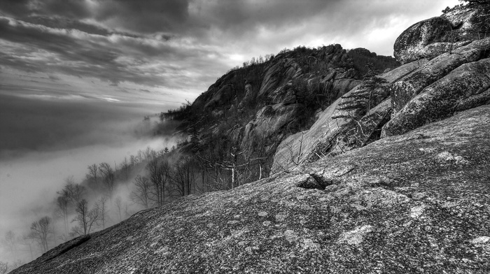 rock, hill, mist, nature, clouds, monochrome