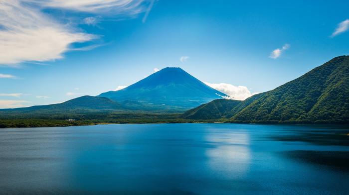 forest, clouds, volcano, nature, bay, mountain, sky, landscape