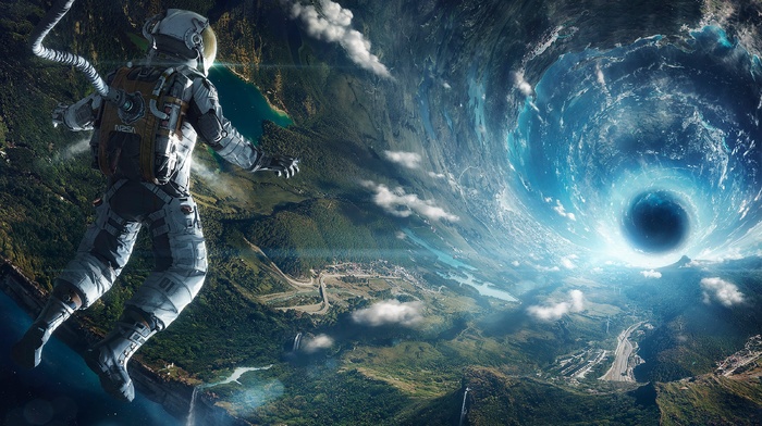 digital art, stars, space station, tunnel, wormholes, astronaut, fantasy art, nature, space, forest, lake, futuristic, clouds, landscape, artificial gravity, spacesuit