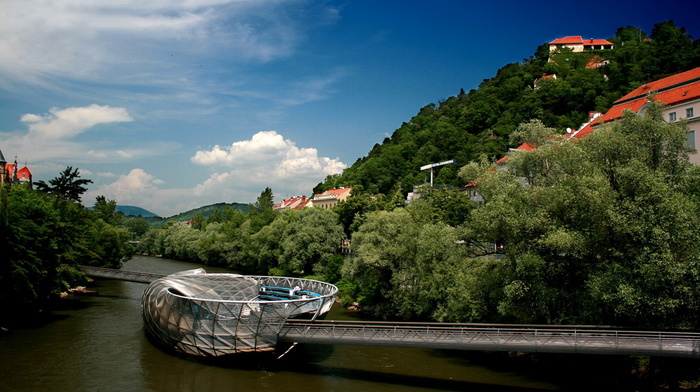 greenery, cities, river, beauty, sky