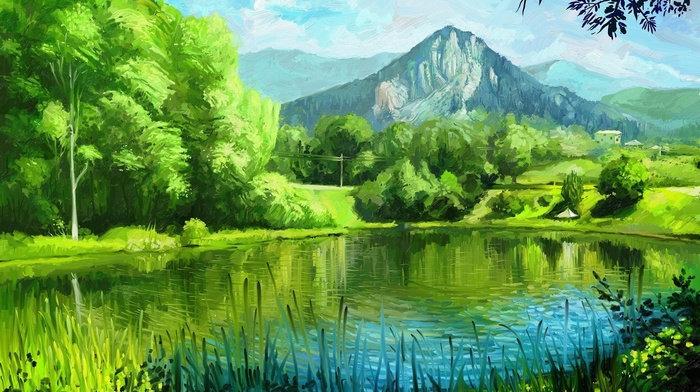 summer, painting, pond, painting, art, nature, mountain