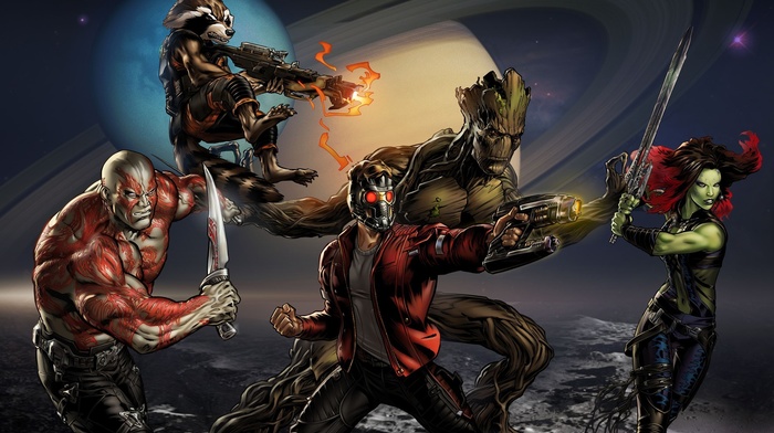 Gamora, groot, guardians of the galaxy, star lord, Drax the Destroyer, Rocket Raccoon