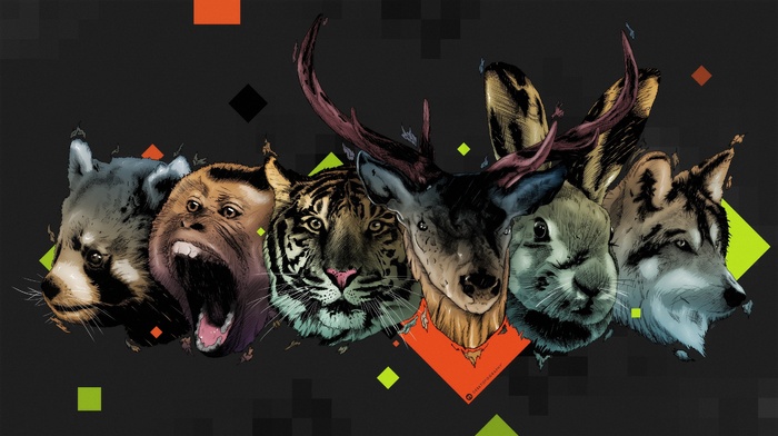 deer, tiger, monkeys, rabbits, Desktopography, digital art, wolf