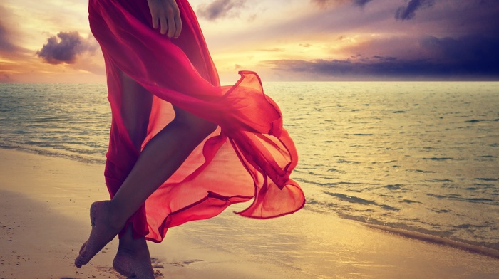 sea, red dress, soles, girl, nature, beach, summer, sunset, legs, feet