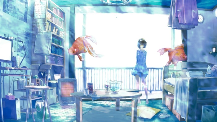 original characters, water, fish, anime girls, room