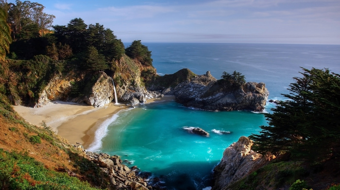 nature, waterfall, beach, sea, rocks