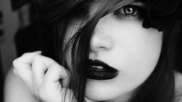 girl, black lipstick, monochrome, hair in face