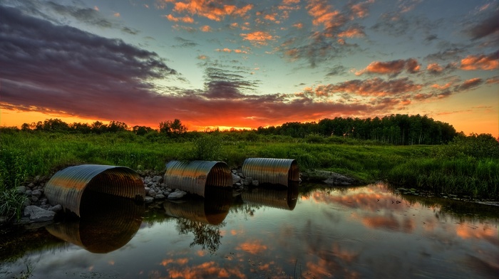 landscape, sunset, pond, nature