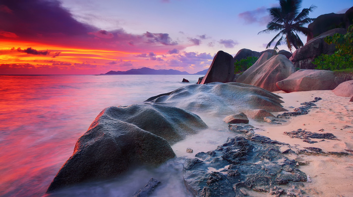 ocean, beach, stones, nature, sunset, island, tropics