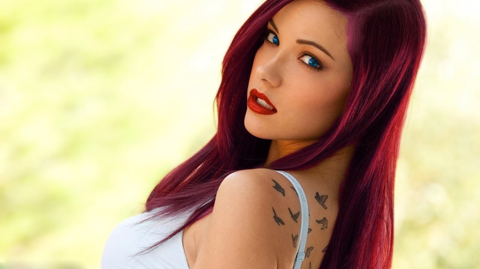 blue eyes, Elizabeth Marxs, redhead, purple hair, white tops, tattoo, tattoos