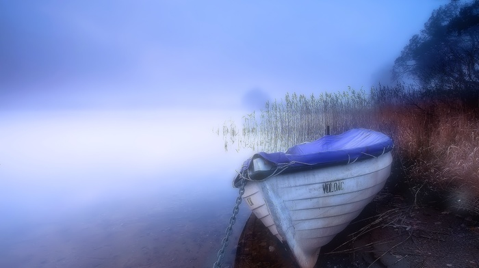 mist, boat, water, nature