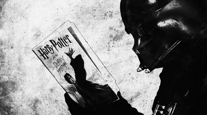 Harry Potter and the Deathly Hallows, humor, Harry Potter, mix up, monochrome, Star Wars, Darth Vader