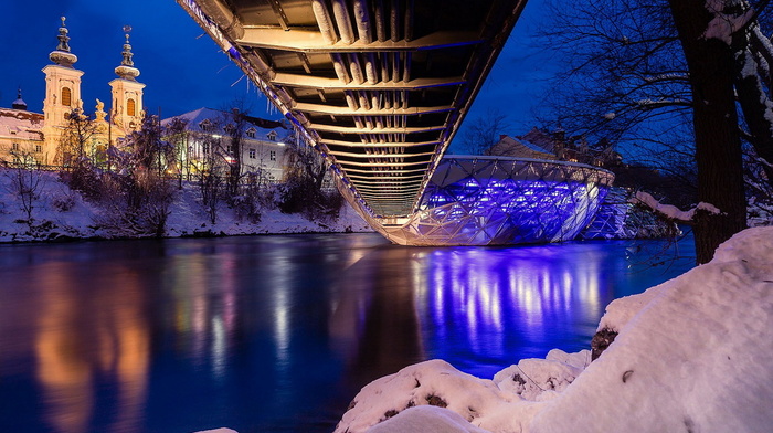 stunner, bridge, beauty, coast, snow, lights, river, night