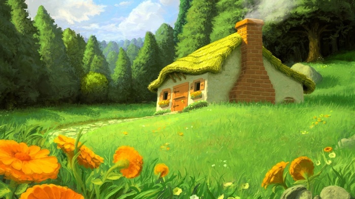 flowers, drawing, house, forest, stunner, glade