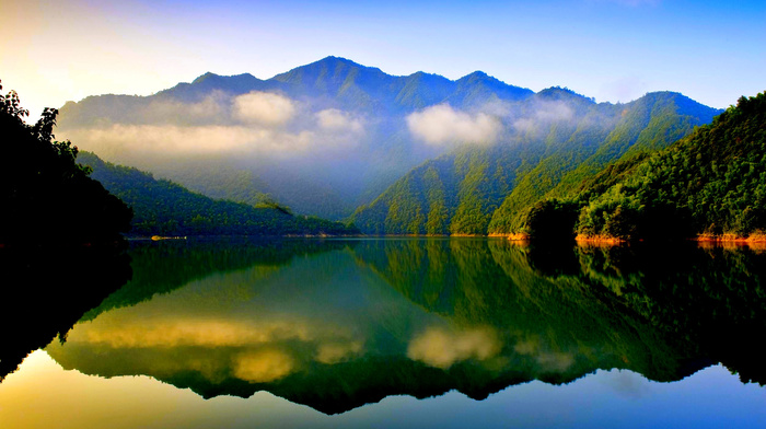 clouds, mountain, lake, nature