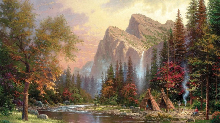 stunner, nature, river, mountain, painting, people