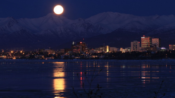 water, moon, lights, reflection, night, stunner, mountain, USA, beauty