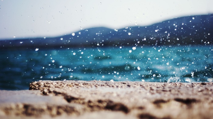 sea, water drops, depth of field, rock