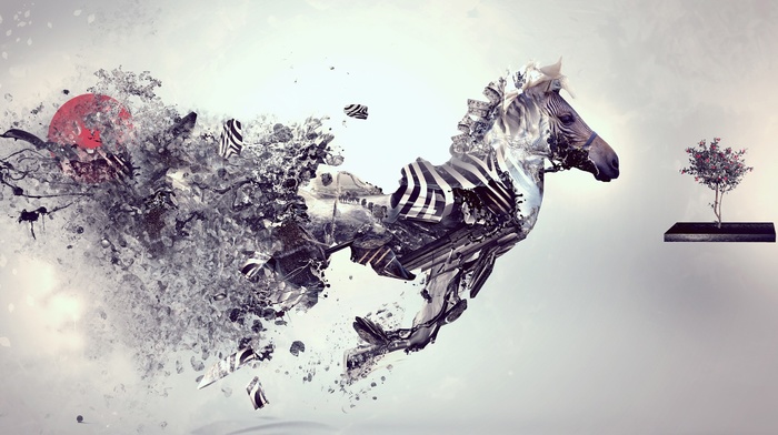 Desktopography, running, zebras, simple background, digital art