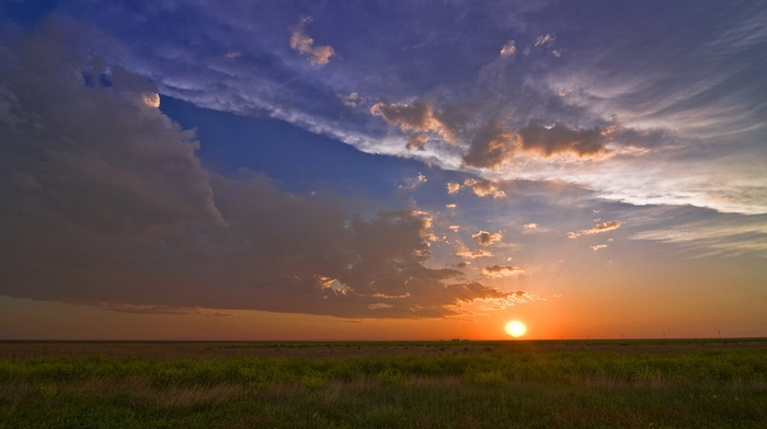 Sun, sky, field, clouds, nature, beauty, sunset