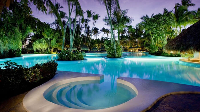 rest, palm trees, beautiful, summer, resort, swimming pool, evening