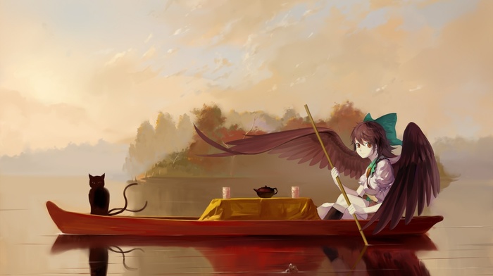 boat, anime, girl, wings, angel