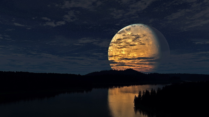 sky, night, forest, moon, stunner, stars, reflection, river