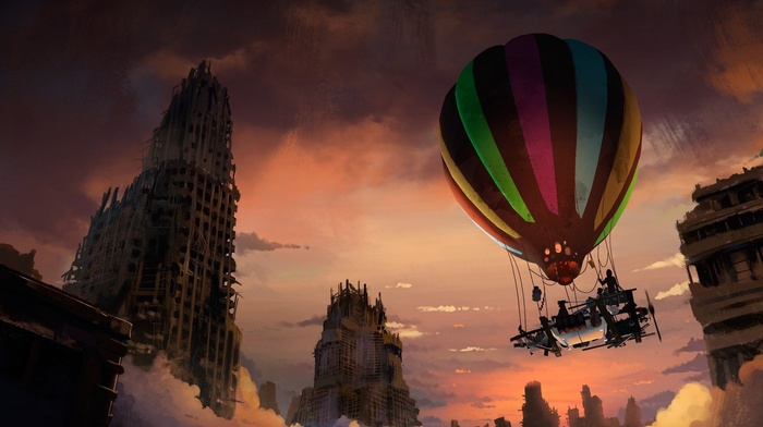 apocalyptic, artwork, fantasy art, hot air balloons, city