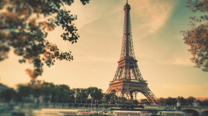 bridge, cities, Paris, river, sunset