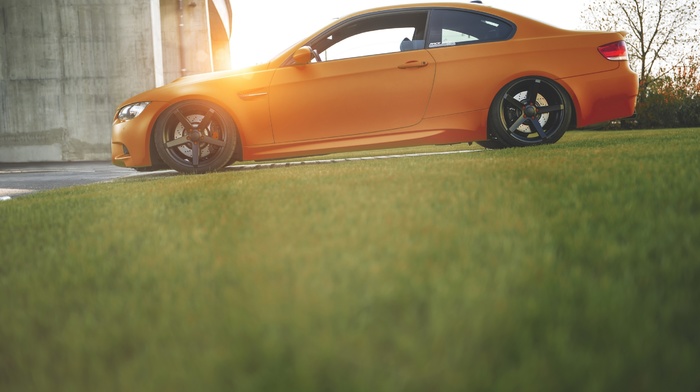 car, sunset, orange, blurred, BMW E92, BMW, grass