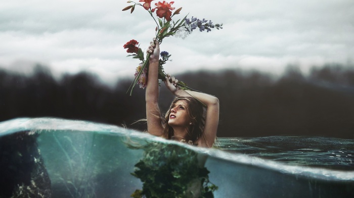 flowers, water, split view, girl, underwater, boobs, rose