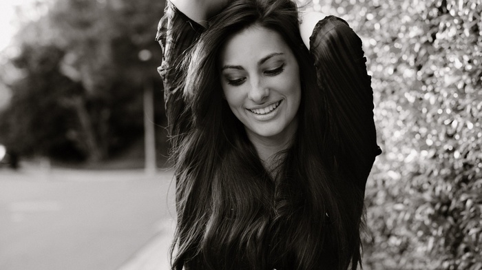 brunette, smiling, monochrome