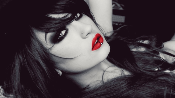 selective coloring, nose rings, niky von macabre, piercing, red lipstick, girl, dark eyes, face