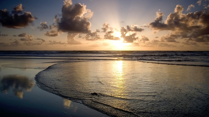 beach, sunlight, vignette, sea, horizon, coast, sunrise, sunset, crepuscular rays
