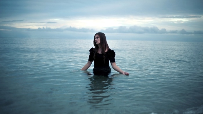 girl, black dress, sea